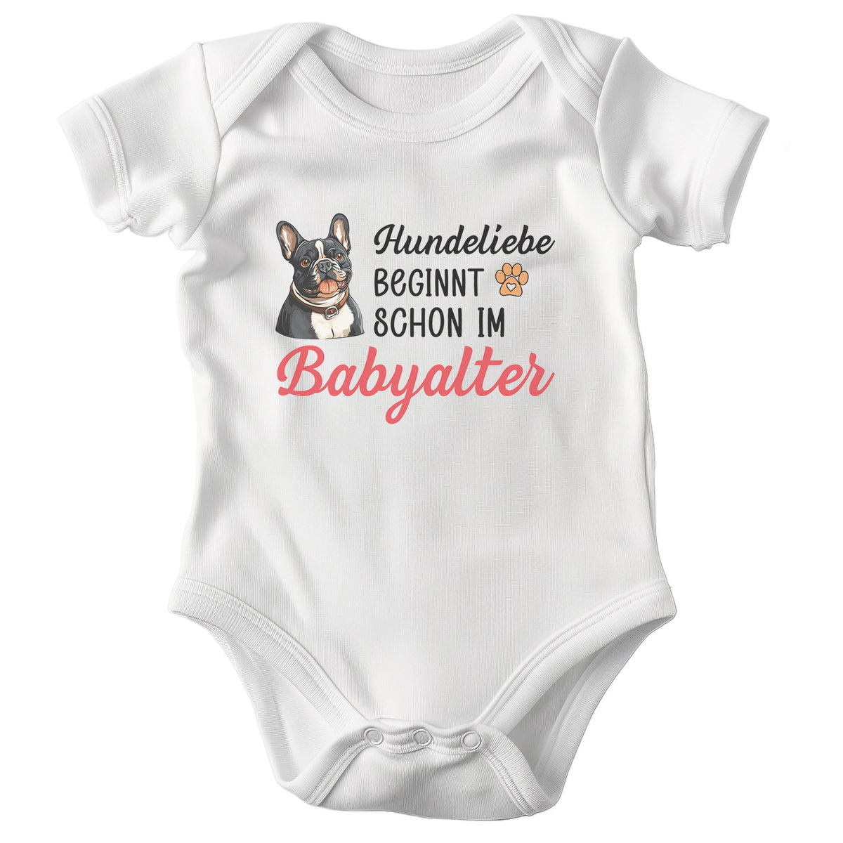 22Feels Unisex Babybody Bio-Baumwolle – Weiß mit Frenchie Hundeliebe – Geschenk zur Geburt, Babyparty oder zum 1. Geburtstag für Hunde-Fans-Baby Body-22Feels