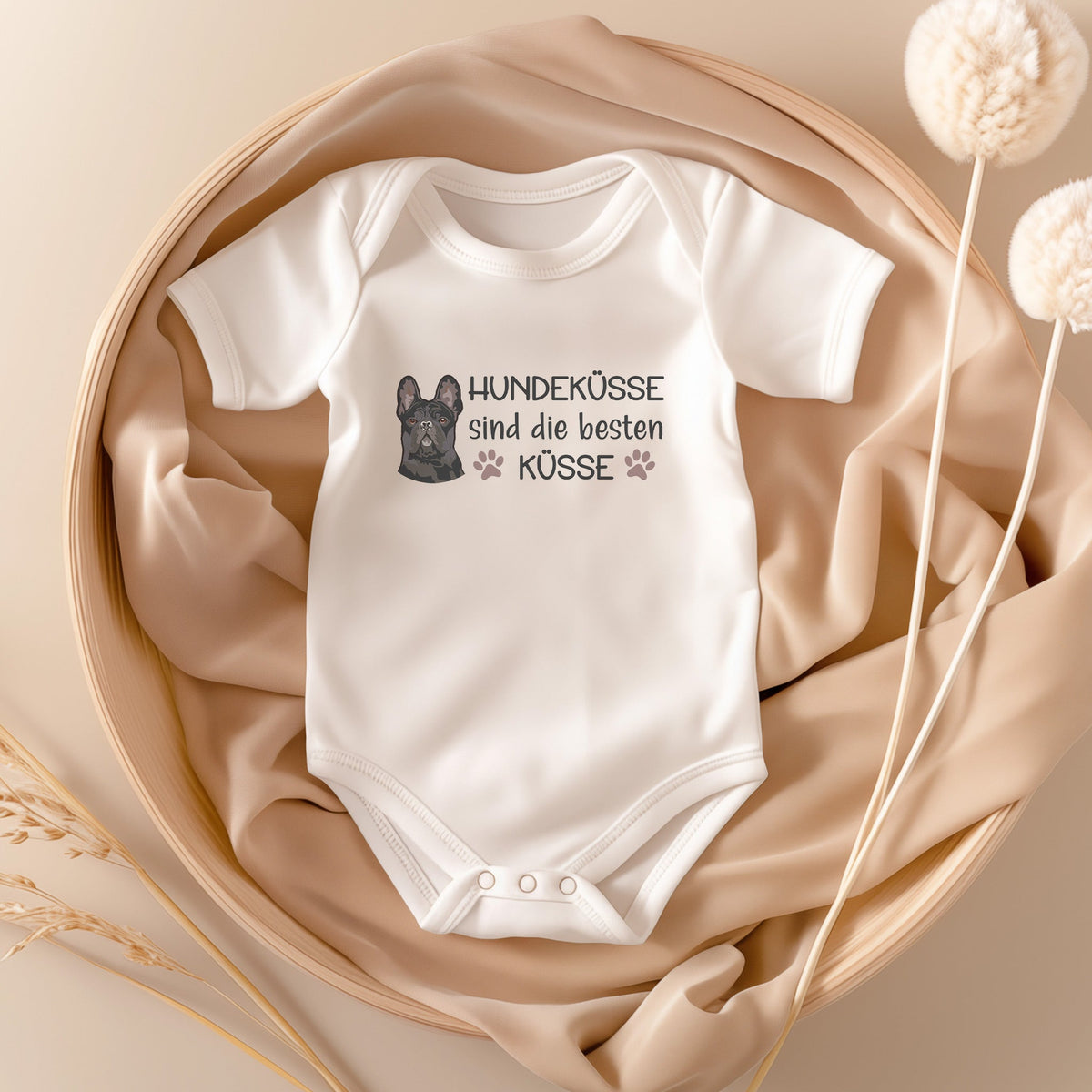 22Feels Unisex Babybody Bio-Baumwolle – Weiß mit Frenchie Hundeküsse – Geschenk zur Geburt, Babyparty oder zum 1. Geburtstag für Hunde-Fans-Baby Body-22Feels