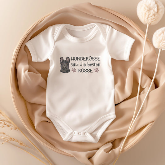 22Feels Unisex Babybody Bio-Baumwolle – Weiß mit Frenchie Hundeküsse – Geschenk zur Geburt, Babyparty oder zum 1. Geburtstag für Hunde-Fans-Baby Body-22Feels