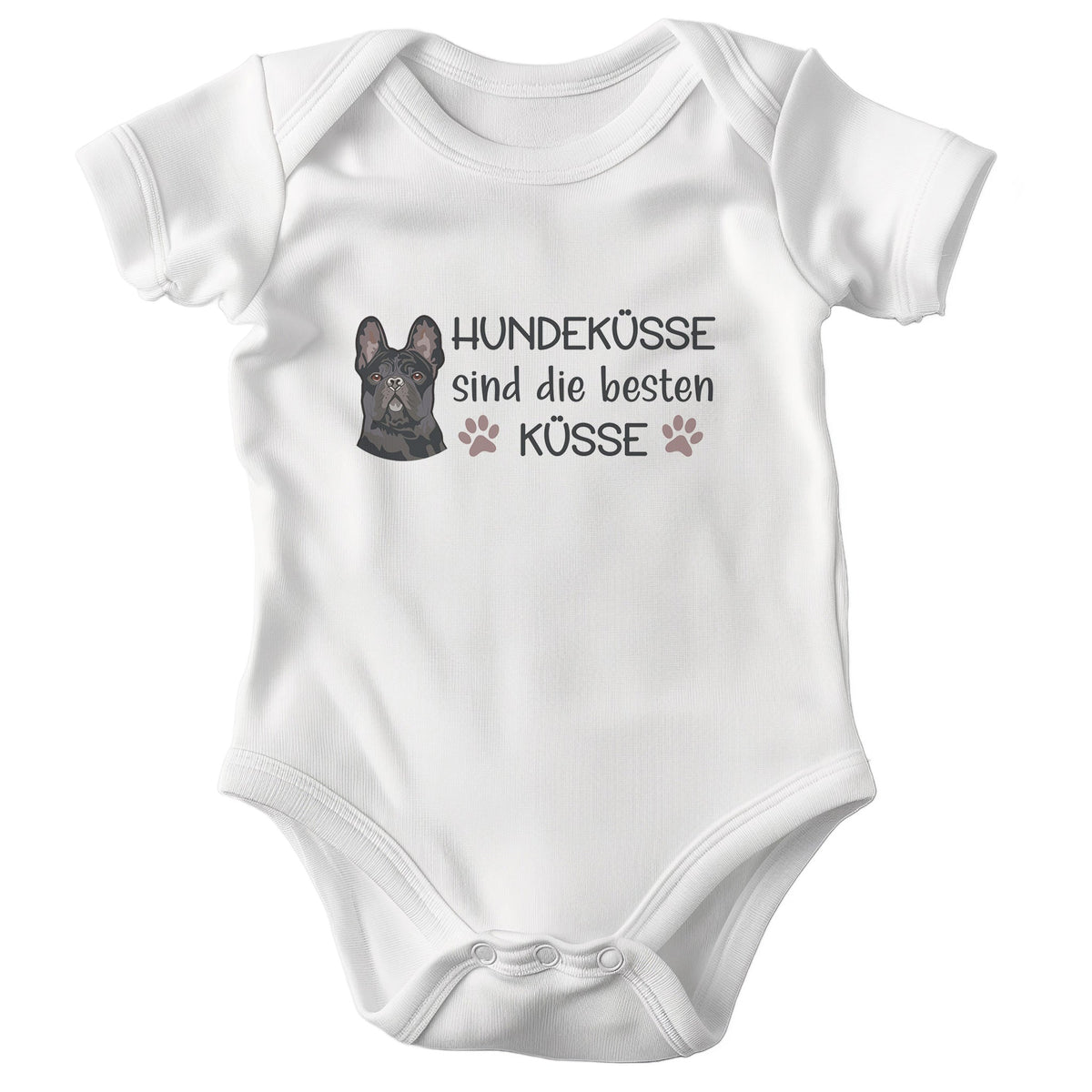 22Feels Unisex Babybody Bio-Baumwolle – Weiß mit Frenchie Hundeküsse – Geschenk zur Geburt, Babyparty oder zum 1. Geburtstag für Hunde-Fans-Baby Body-22Feels