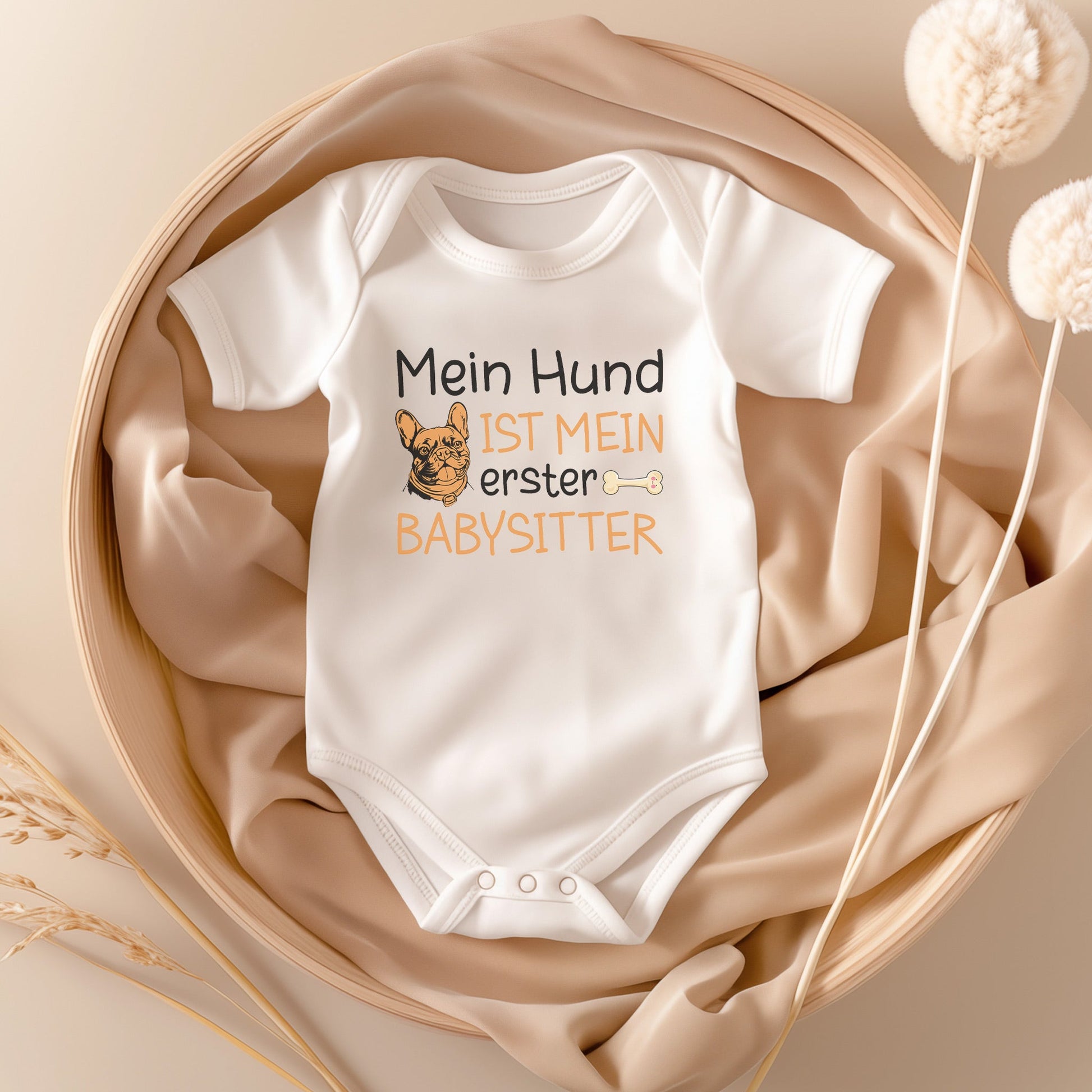 22Feels Unisex Babybody Bio-Baumwolle – Weiß mit Frenchie Babysitter – Geschenk zur Geburt, Babyparty oder zum 1. Geburtstag für Hunde-Fans-Baby Body-22Feels