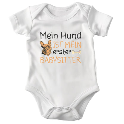 22Feels Unisex Babybody Bio-Baumwolle – Weiß mit Frenchie Babysitter – Geschenk zur Geburt, Babyparty oder zum 1. Geburtstag für Hunde-Fans-Baby Body-22Feels
