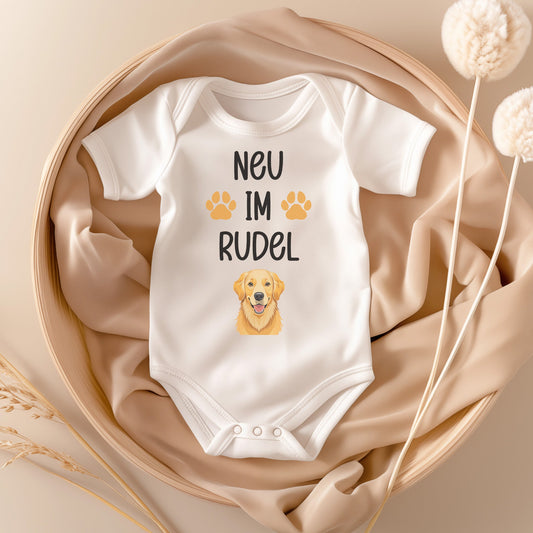 22Feels Unisex Babybody Bio-Baumwolle – Weiß mit Golden Retriever Neu im Rudel – Geschenk zur Geburt, Babyparty oder zum 1. Geburtstag für Hunde-Fans-Baby Body-22Feels