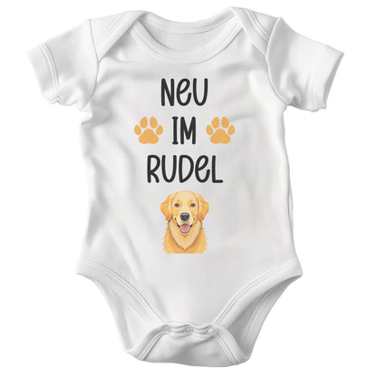 22Feels Unisex Babybody Bio-Baumwolle – Weiß mit Golden Retriever Neu im Rudel – Geschenk zur Geburt, Babyparty oder zum 1. Geburtstag für Hunde-Fans-Baby Body-22Feels
