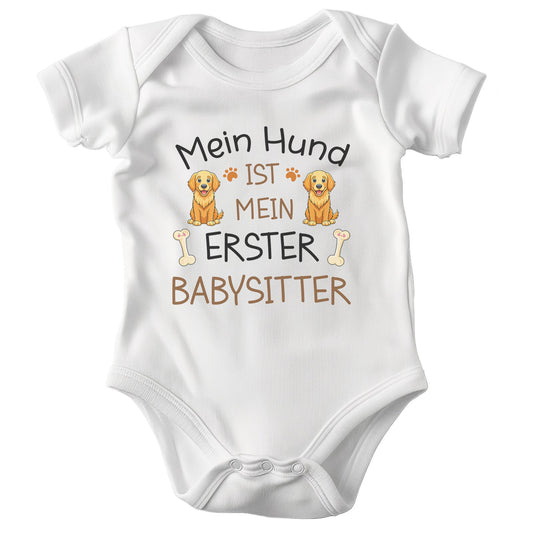 22Feels Unisex Babybody Bio-Baumwolle – Weiß mit Golden Retriever Babysitter – Geschenk zur Geburt, Babyparty oder zum 1. Geburtstag für Hunde-Fans-Baby Body-22Feels