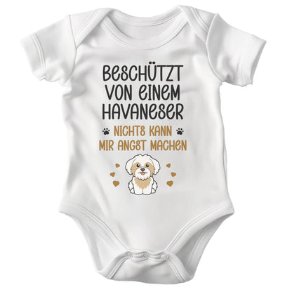 22Feels Unisex Babybody Bio-Baumwolle – Weiß mit Havaneser Beschützt Spruch – Geschenk zur Geburt, Babyparty oder zum 1. Geburtstag für Hunde-Fans-Baby Body-22Feels