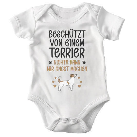 22Feels Unisex Babybody Bio-Baumwolle – Weiß mit Jack Russel Terrier Beschützt Spruch – Geschenk zur Geburt, Babyparty oder zum 1. Geburtstag für Hunde-Fans-Baby Body-22Feels