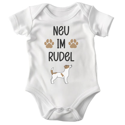 22Feels Unisex Babybody Bio-Baumwolle – Weiß mit Jack Russel Neu im Rudel – Geschenk zur Geburt, Babyparty oder zum 1. Geburtstag für Hunde-Fans-Baby Body-22Feels