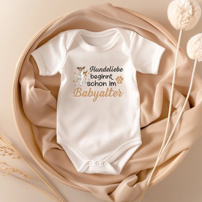 22Feels Unisex Babybody Bio-Baumwolle – Weiß mit Jack Russel Hundeliebe – Geschenk zur Geburt, Babyparty oder zum 1. Geburtstag für Hunde-Fans-Baby Body-22Feels