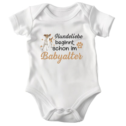 22Feels Unisex Babybody Bio-Baumwolle – Weiß mit Jack Russel Hundeliebe – Geschenk zur Geburt, Babyparty oder zum 1. Geburtstag für Hunde-Fans-Baby Body-22Feels