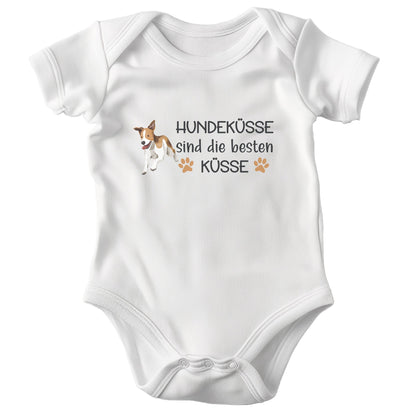 22Feels Unisex Babybody Bio-Baumwolle – Weiß mit Jack Russel Hundeküsse – Geschenk zur Geburt, Babyparty oder zum 1. Geburtstag für Hunde-Fans-Baby Body-22Feels