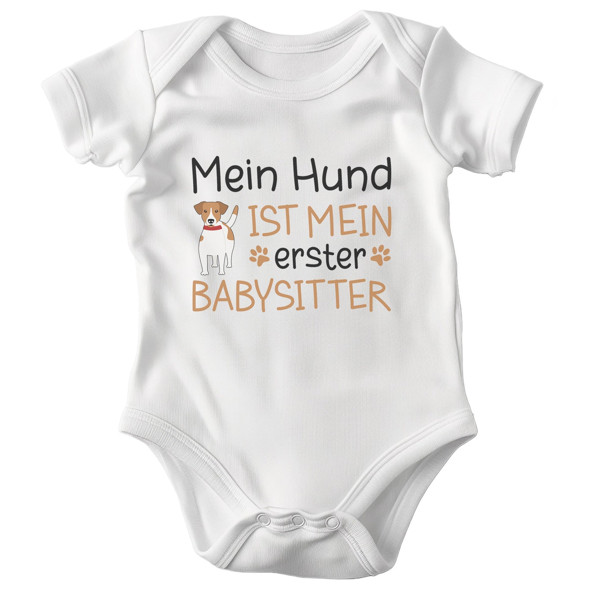 22Feels Unisex Babybody Bio-Baumwolle – Weiß mit Jack Russel Babysitter – Geschenk zur Geburt, Babyparty oder zum 1. Geburtstag für Hunde-Fans-Baby Body-22Feels