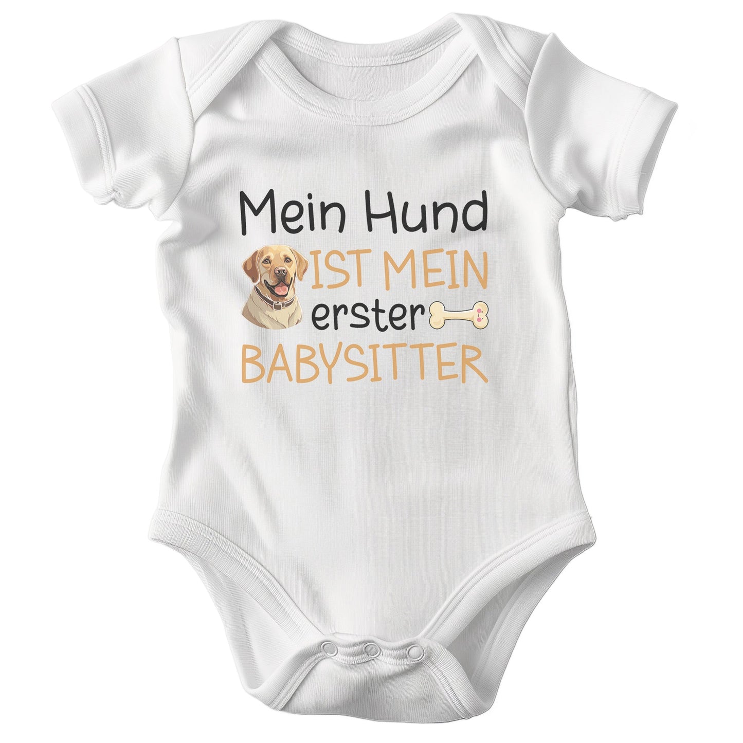 22Feels Unisex Babybody Bio-Baumwolle – Weiß mit Labrador Babysitter – Geschenk zur Geburt, Babyparty oder zum 1. Geburtstag für Hunde-Fans-Baby Body-22Feels