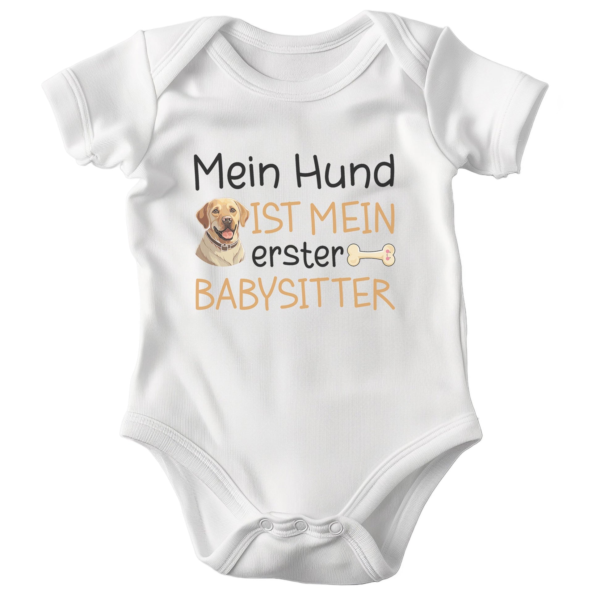 22Feels Unisex Babybody Bio-Baumwolle – Weiß mit Labrador Babysitter – Geschenk zur Geburt, Babyparty oder zum 1. Geburtstag für Hunde-Fans-Baby Body-22Feels