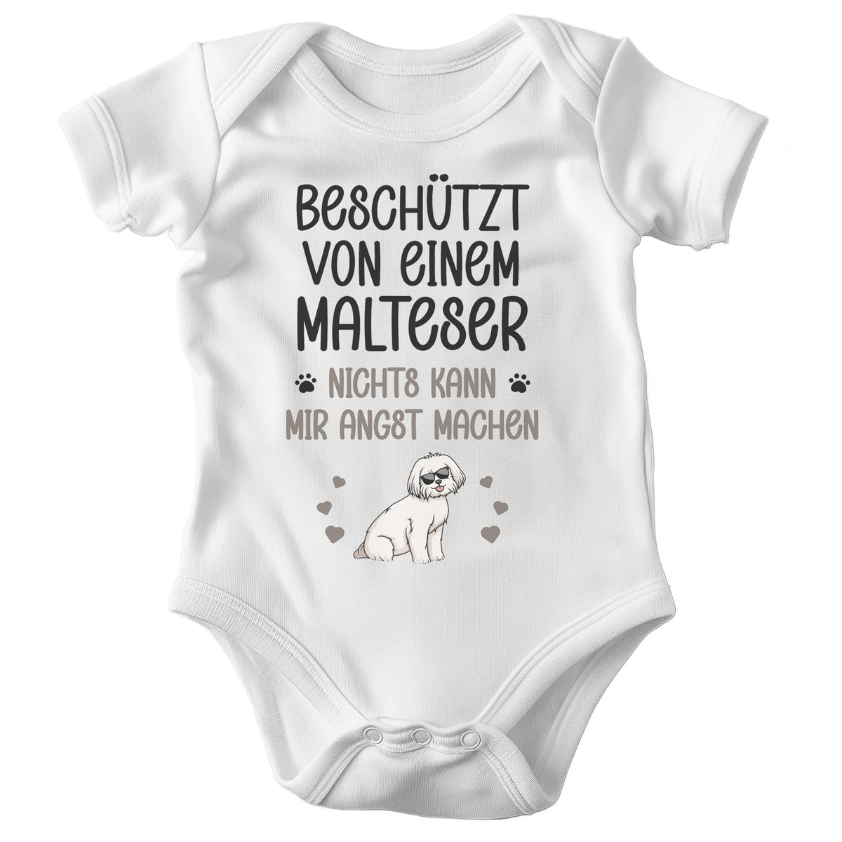 22Feels Unisex Babybody Bio-Baumwolle – Weiß mit Malteser Beschützt Spruch – Geschenk zur Geburt, Babyparty oder zum 1. Geburtstag für Hunde-Fans-Baby Body-22Feels