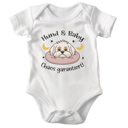 22Feels Unisex Babybody Bio-Baumwolle – Weiß mit Malteser Chaos Motiv – Geschenk zur Geburt, Babyparty oder zum 1. Geburtstag-Baby Body-22Feels