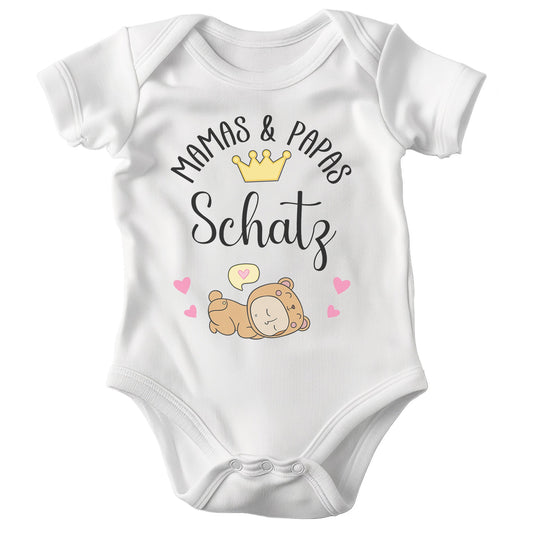 22Feels Unisex Babybody Bio-Baumwolle – Weiß mit Mama & Papas Schatz Spruch – Geschenk zur Geburt, Babyparty oder zum 1. Geburtstag-Baby Body-22Feels