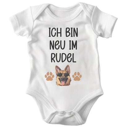 22Feels Unisex Babybody Bio-Baumwolle – Weiß mit Schäferhund Neu Im Rudel Motiv – Geschenk zur Geburt, Babyparty oder zum 1. Geburtstag-Baby Body-22Feels
