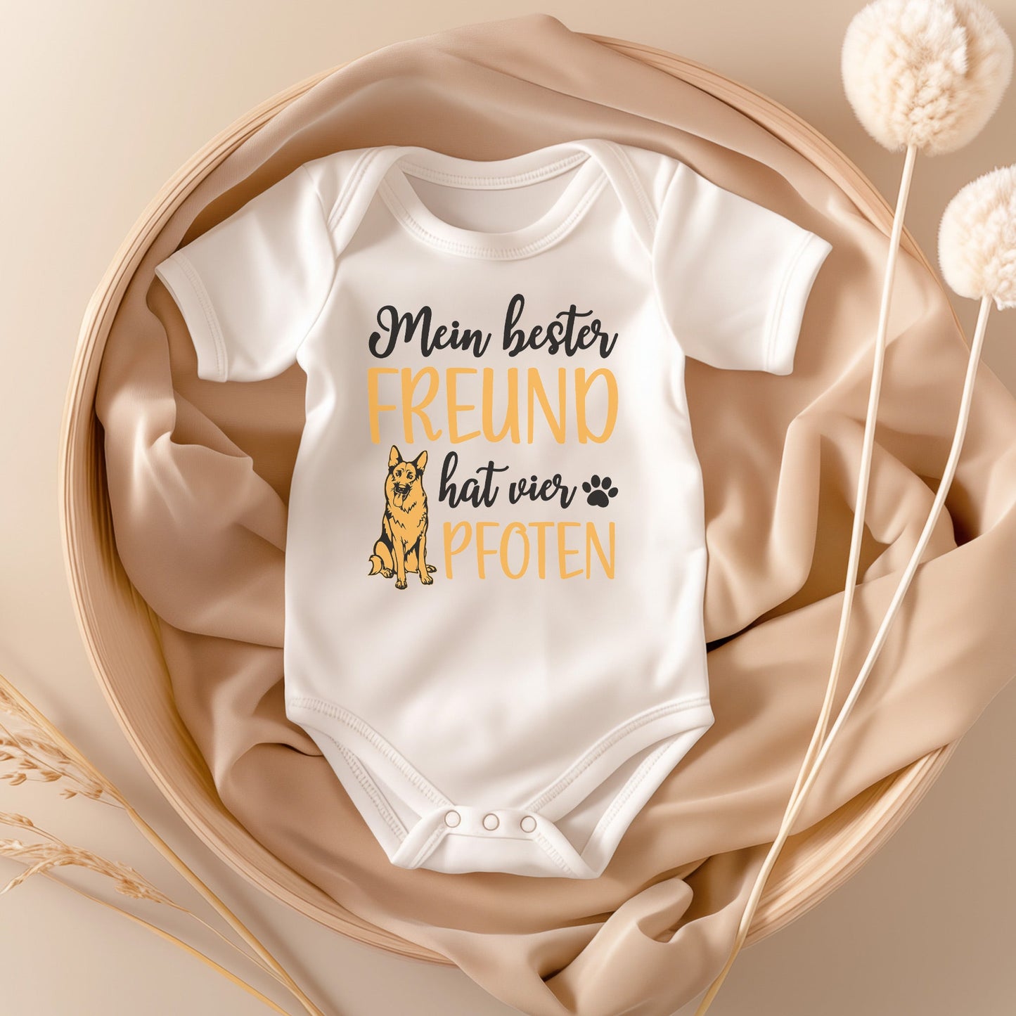 22Feels Unisex Babybody Bio-Baumwolle – Weiß mit Schäferhund Freund Motiv – Geschenk zur Geburt, Babyparty oder zum 1. Geburtstag-Baby Body-22Feels