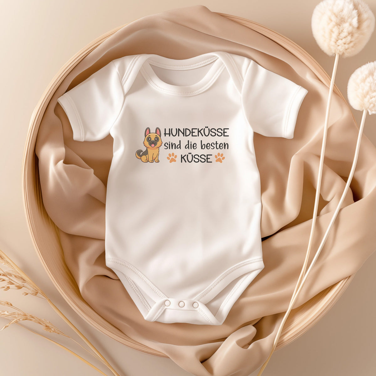 22Feels Unisex Babybody Bio-Baumwolle – Weiß mit Schäferhund Küsse Motiv – Geschenk für Hunde-Fans zur Geburt oder Babyparty-Baby Body-22Feels