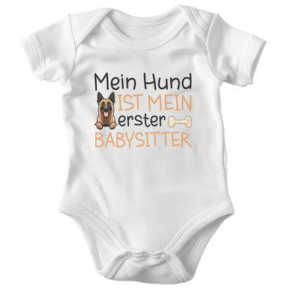 22Feels Unisex Babybody Bio-Baumwolle – Weiß mit Babysitter Schäferhund – Geschenk zur Geburt, Babyparty oder zum 1. Geburtstag für Hunde-Fans-Baby Body-22Feels