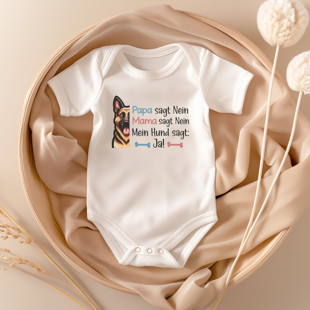 22Feels Unisex Babybody Bio-Baumwolle – Weiß mit Hund sagt Ja Schäferhund – Geschenk zur Geburt, Babyparty oder zum 1. Geburtstag für Hunde-Fans-Baby Body-22Feels