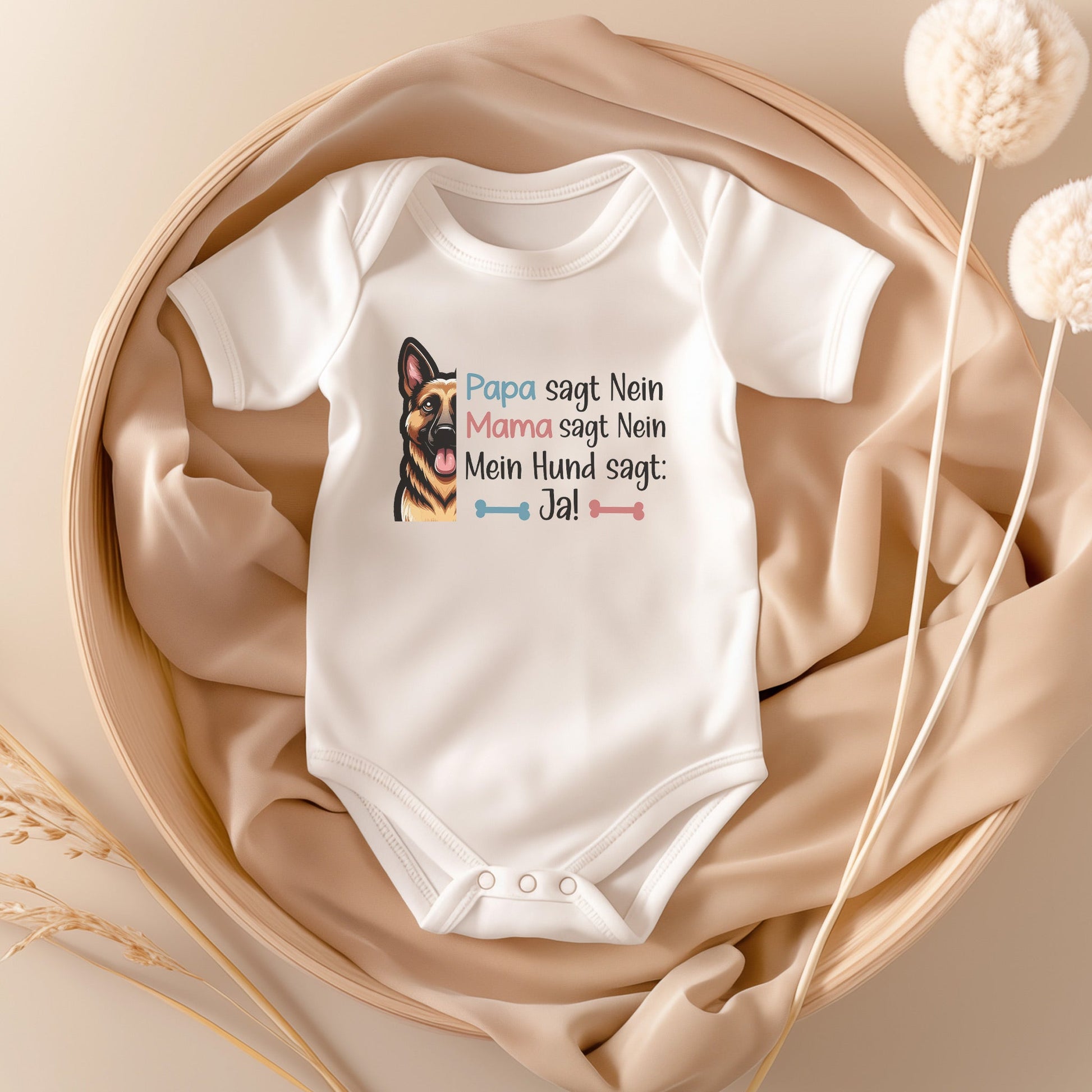 22Feels Unisex Babybody Bio-Baumwolle – Weiß mit Hund sagt Ja Schäferhund – Geschenk zur Geburt, Babyparty oder zum 1. Geburtstag für Hunde-Fans-Baby Body-22Feels