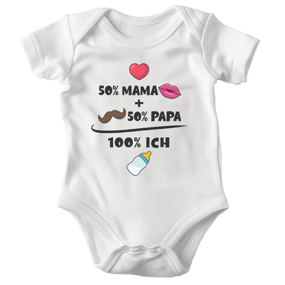 22Feels Unisex Babybody Bio-Baumwolle – Weiß mit 50% Mama 50% Papa Spruch – Lustiges Geschenk zur Geburt, Babyparty oder zum 1. Geburtstag-Baby Body-22Feels