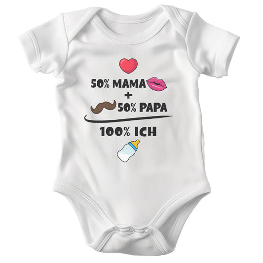 22Feels Unisex Babybody Bio-Baumwolle – Weiß mit 50% Mama 50% Papa Spruch – Lustiges Geschenk zur Geburt, Babyparty oder zum 1. Geburtstag-Baby Body-22Feels