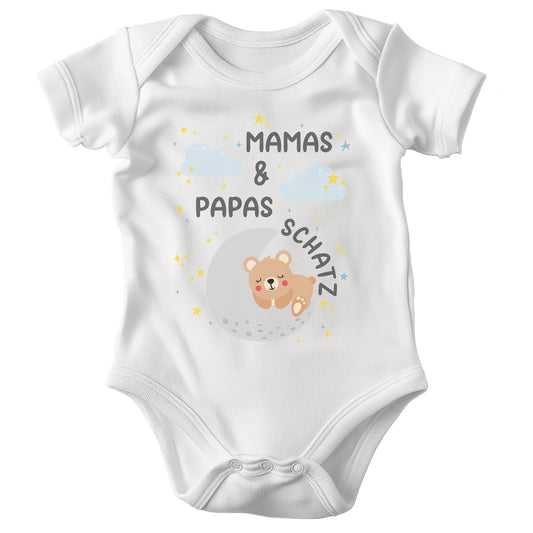 22Feels Unisex Babybody Bio-Baumwolle – Weiß mit Mamas & Papas Schatz – Geschenk zur Geburt, Babyparty oder zum 1. Geburtstag für Eltern-Baby Body-22Feels