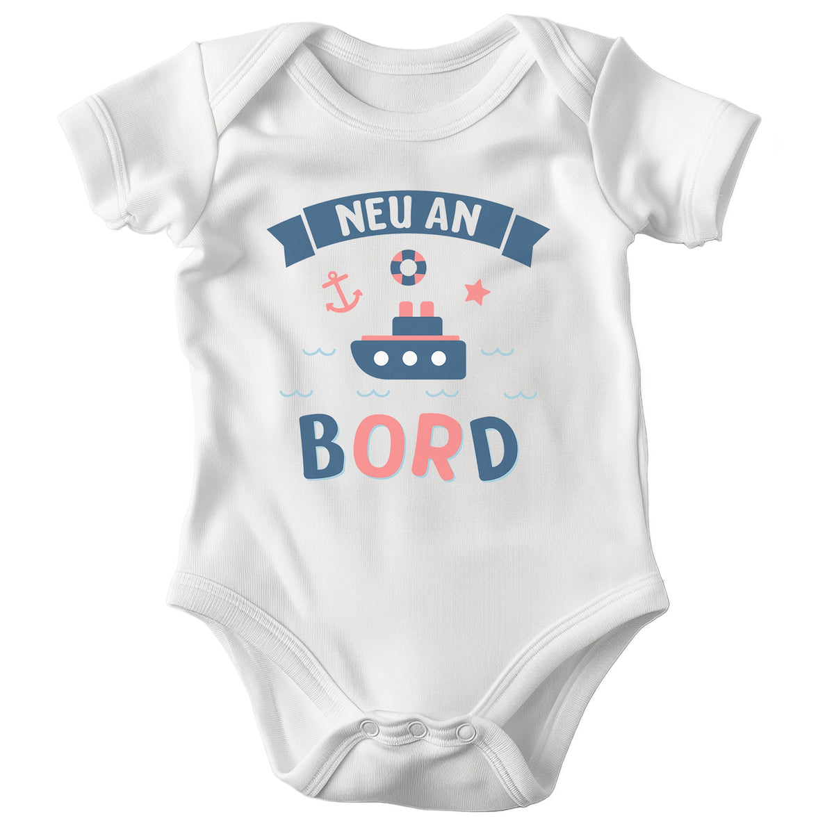 22Feels Unisex Babybody Bio-Baumwolle – Weiß mit Neu an Bord Motiv – Maritimes Geschenk zur Geburt, Babyparty oder zum 1. Geburtstag-Baby Body-22Feels