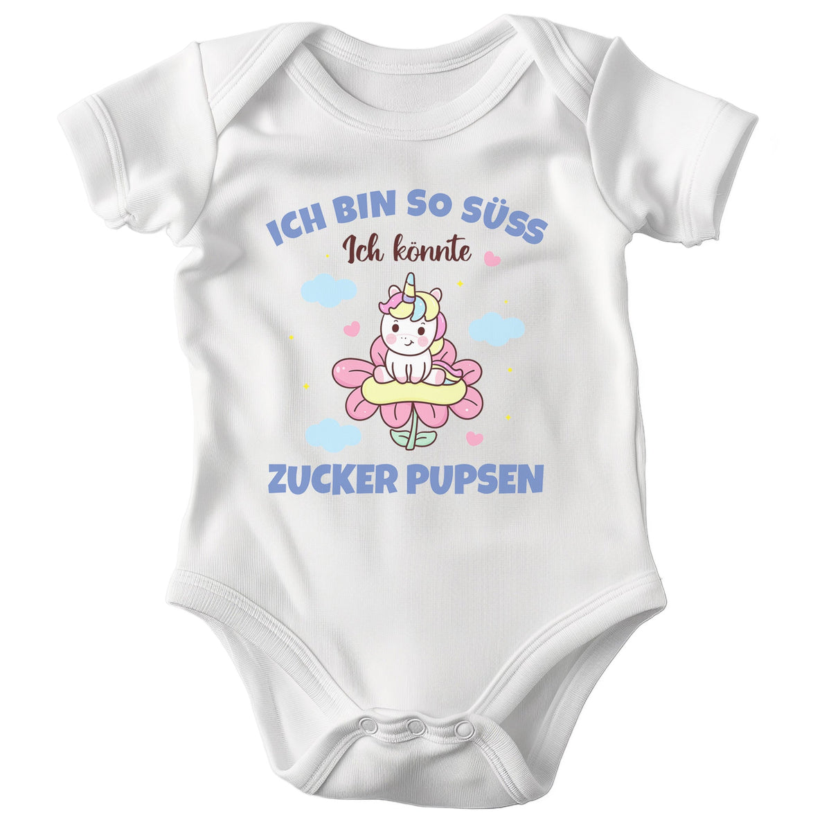 22Feels Mädchen Babybody Bio-Baumwolle – Weiß Einhorn Motiv Ich könnte Zucker pupsen – Lustiges Geschenk zur Geburt, Babyparty oder zum 1. Geburtstag-Baby Body-22Feels