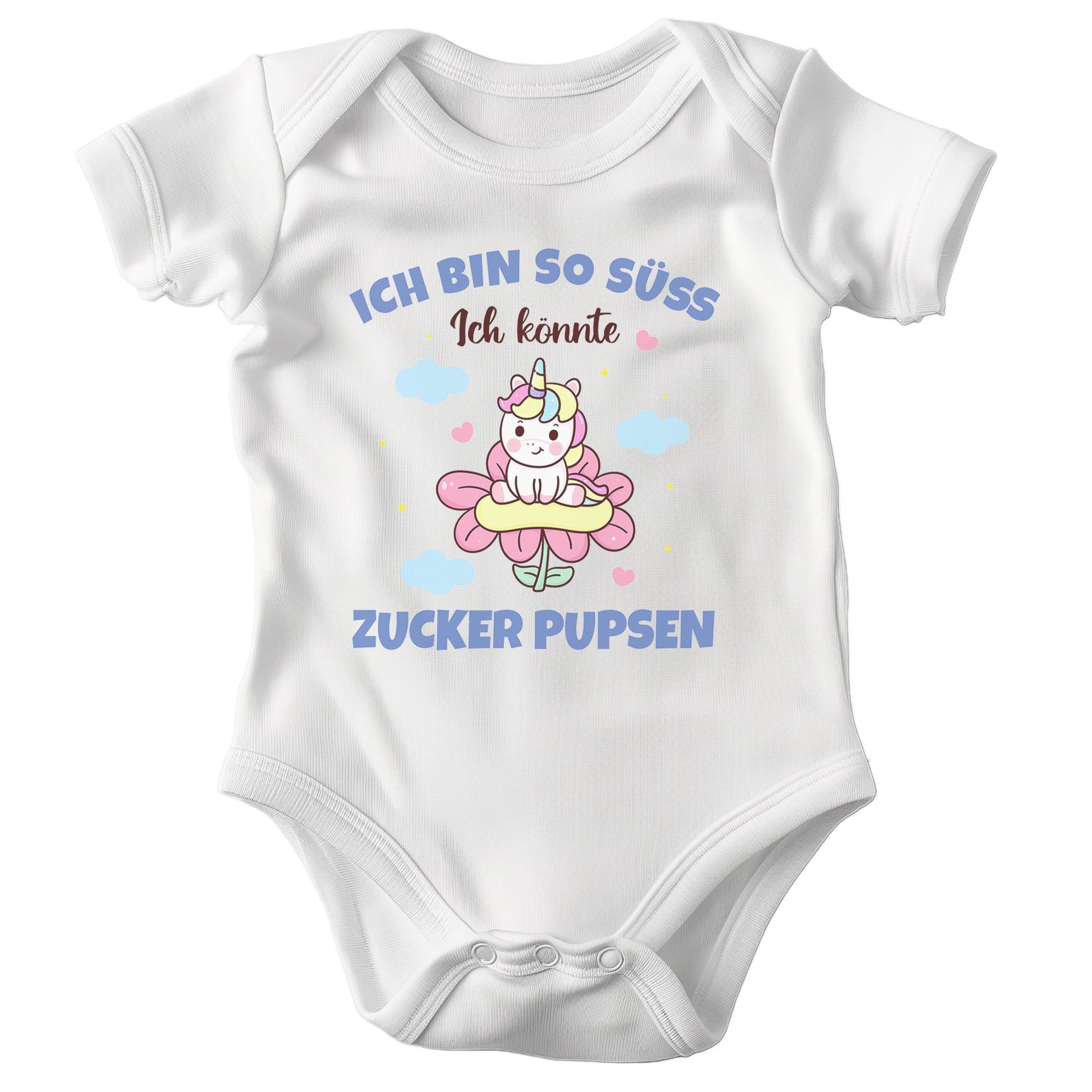 22Feels Mädchen Babybody Bio-Baumwolle – Weiß Einhorn Motiv Ich könnte Zucker pupsen – Lustiges Geschenk zur Geburt, Babyparty oder zum 1. Geburtstag-Baby Body-22Feels