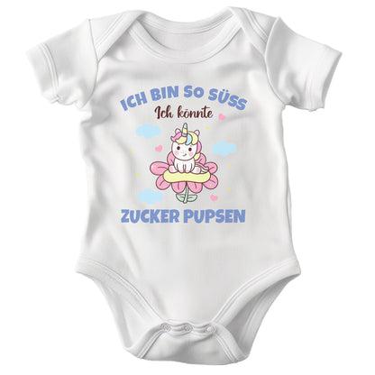 22Feels Mädchen Babybody Bio-Baumwolle – Weiß Einhorn Motiv Ich könnte Zucker pupsen – Lustiges Geschenk zur Geburt, Babyparty oder zum 1. Geburtstag-Baby Body-22Feels