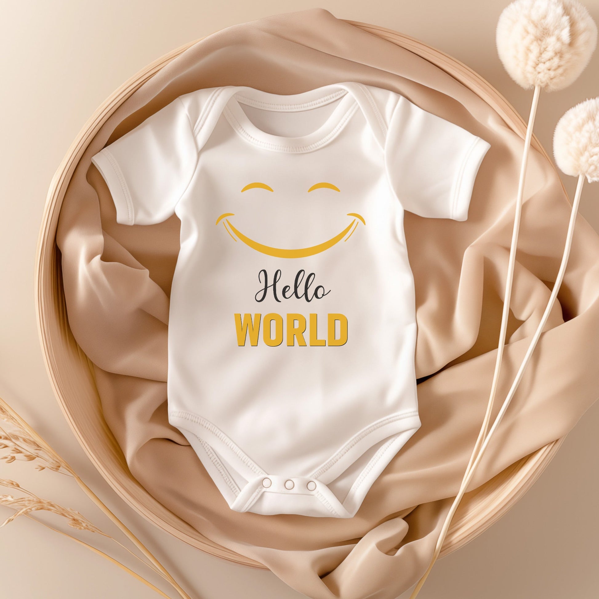 22Feels Unisex Babybody Bio-Baumwolle – Weiß mit Hello World Smiley – Geschenk zur Geburt, Babyparty oder zum 1. Geburtstag-Baby Body-22Feels
