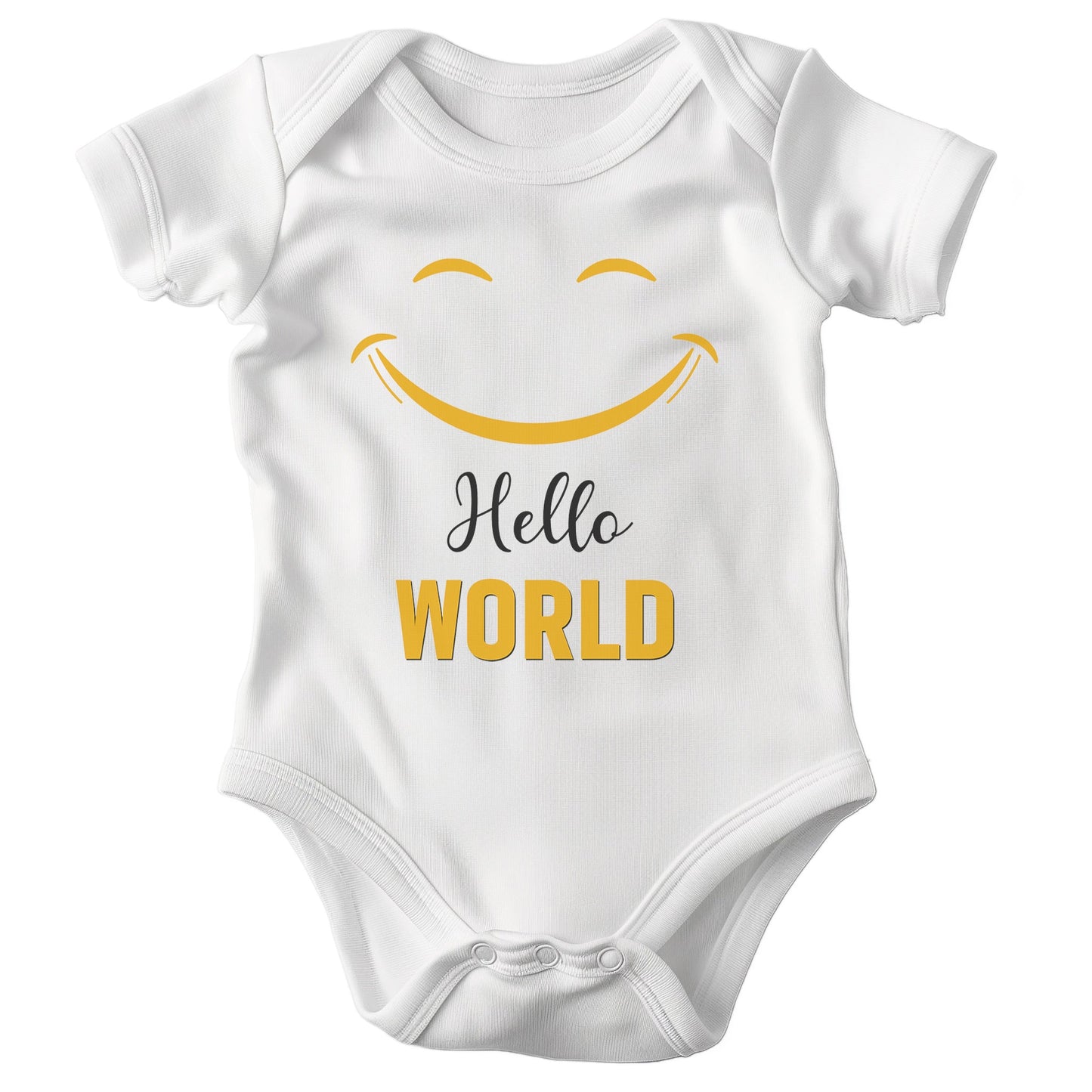22Feels Unisex Babybody Bio-Baumwolle – Weiß mit Hello World Smiley – Geschenk zur Geburt, Babyparty oder zum 1. Geburtstag-Baby Body-22Feels