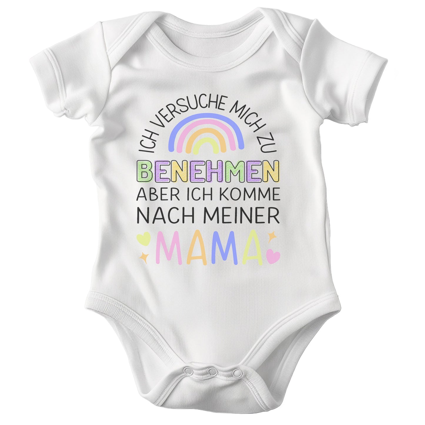 22Feels Unisex Babybody Bio-Baumwolle – Weiß mit Benehmen Mama Regenbogen – Geschenk zur Geburt, Babyparty oder zum 1. Geburtstag-Baby Body-22Feels