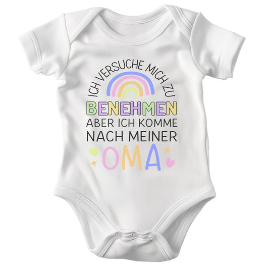 22Feels Unisex Babybody Bio-Baumwolle – Weiß mit Benehmen Oma Regenbogen – Geschenk von Oma zur Geburt oder Babyparty-Baby Body-22Feels