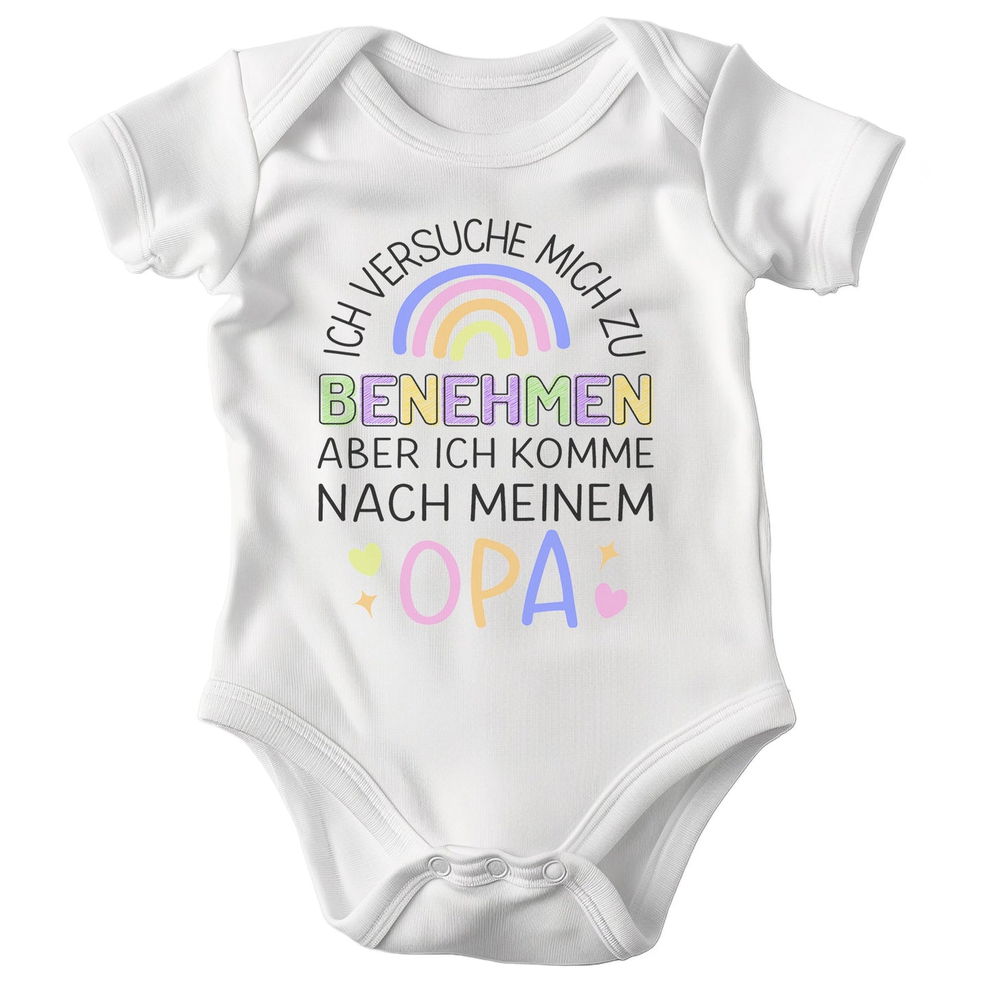 22Feels Unisex Babybody Bio-Baumwolle – Weiß mit Benehmen Opa Regenbogen – Geschenk von Opa zur Geburt oder Babyparty-Baby Body-22Feels