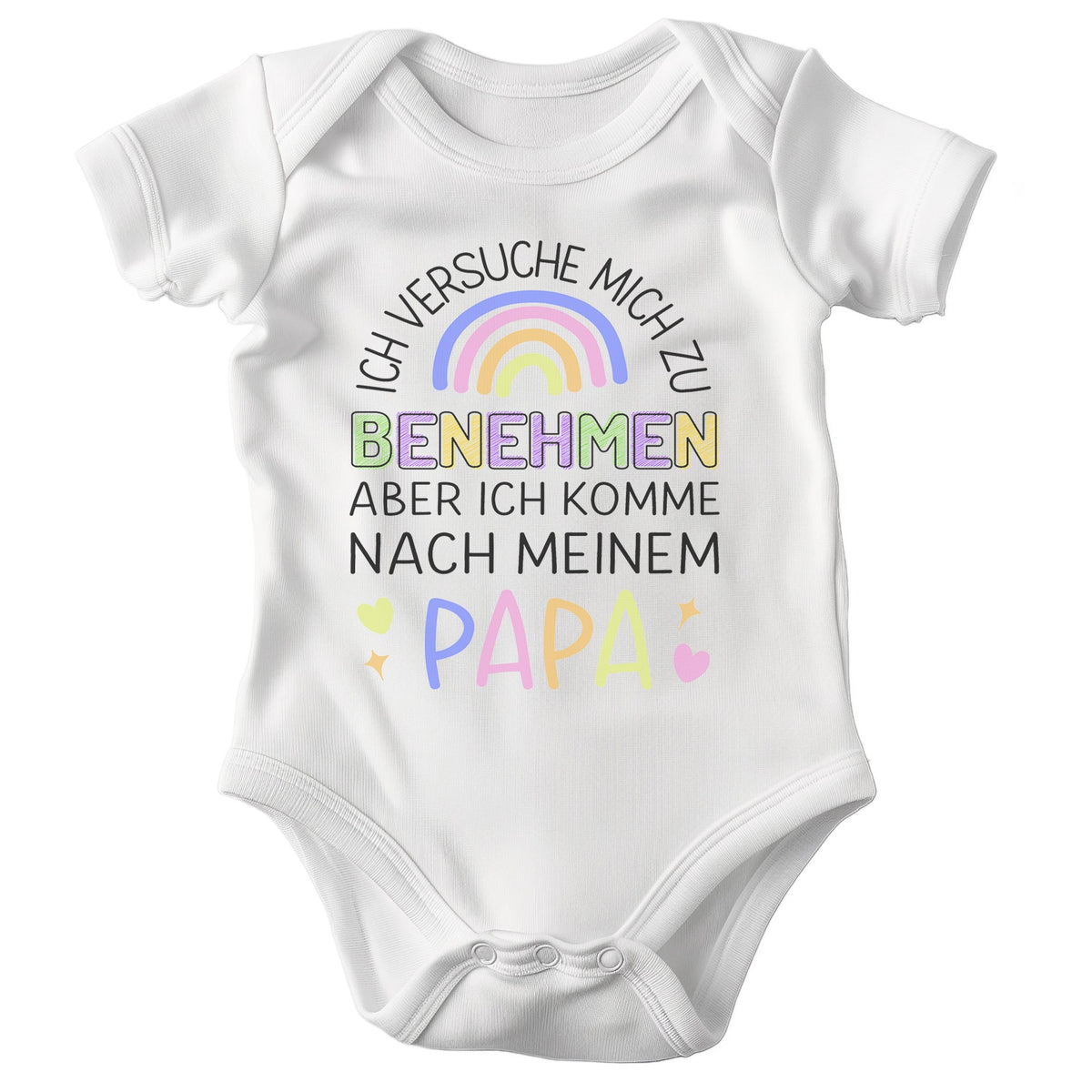 22Feels Unisex Babybody Bio-Baumwolle – Weiß mit Benehmen Papa Regenbogen – Geschenk von Papa zur Geburt oder Babyparty-Baby Body-22Feels