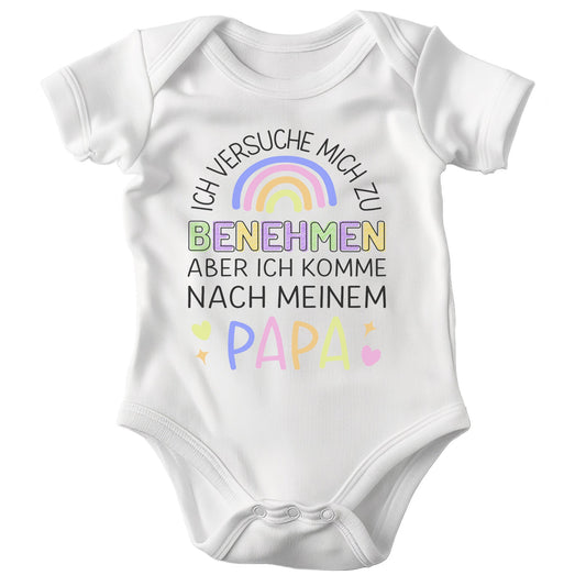 22Feels Unisex Babybody Bio-Baumwolle – Weiß mit Benehmen Papa Regenbogen – Geschenk von Papa zur Geburt oder Babyparty-Baby Body-22Feels