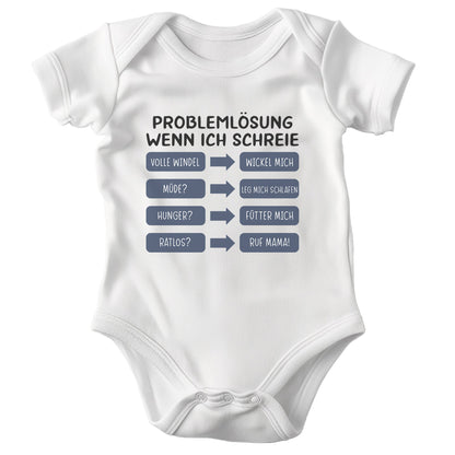 22Feels Babybody Jungen Bio-Baumwolle – Weiß mit Problemlösung Spruch (Blau) – Geschenk von Mama zur Geburt oder Babyparty-Baby Body-22Feels