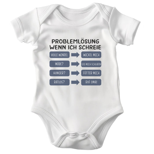 22Feels Babybody Jungen Bio-Baumwolle – Weiß mit Problemlösung Spruch (Blau) – Geschenk von Mama zur Geburt oder Babyparty-Baby Body-22Feels