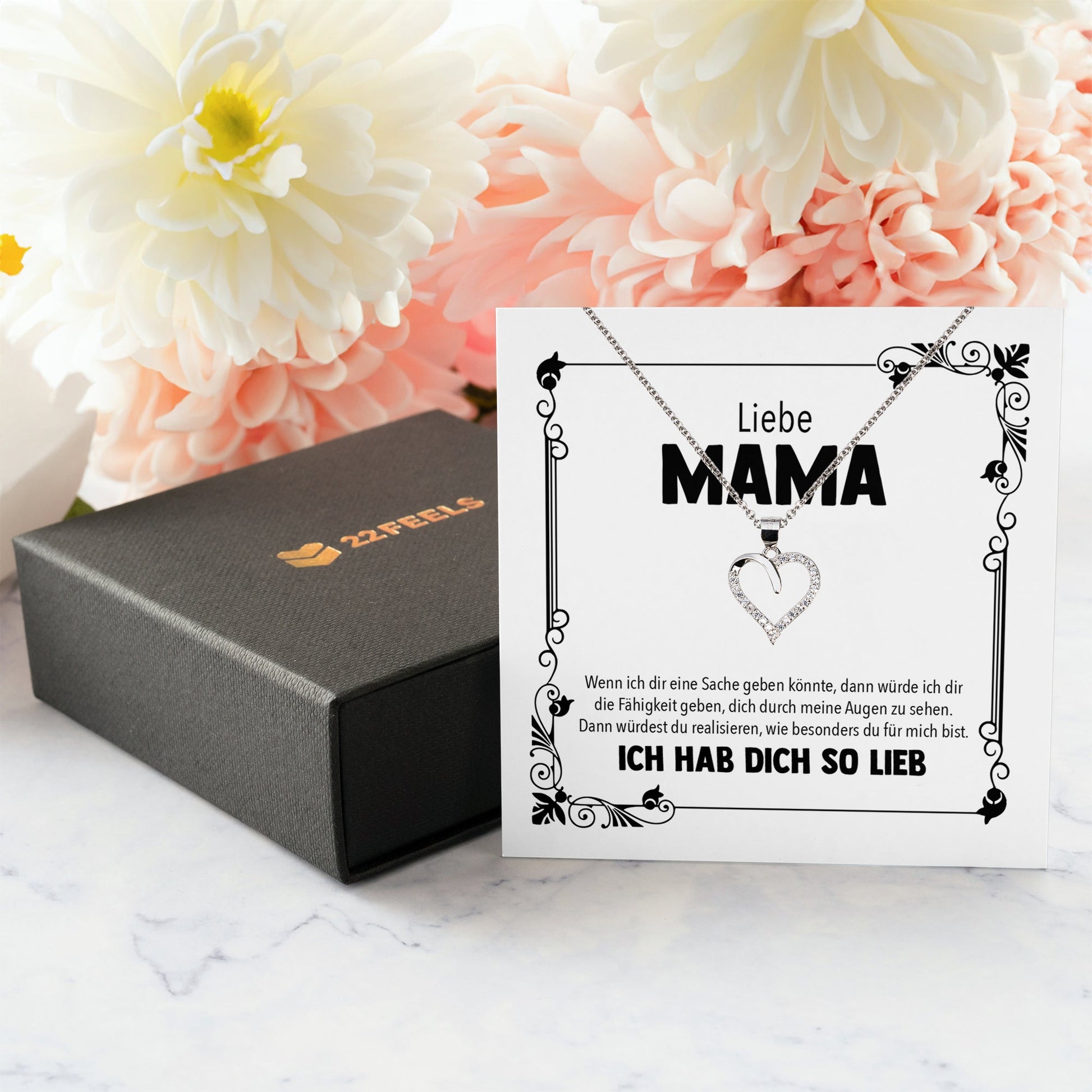 22Feels® Mama Geschenk Muttertag Geburtstag Frauen Schmuck mit Karte Herz Halskette Echt Silber Weihnachten Idee von Tochter oder Sohn-Schmuck mit Botschaftskarte - Herz21-22Feels