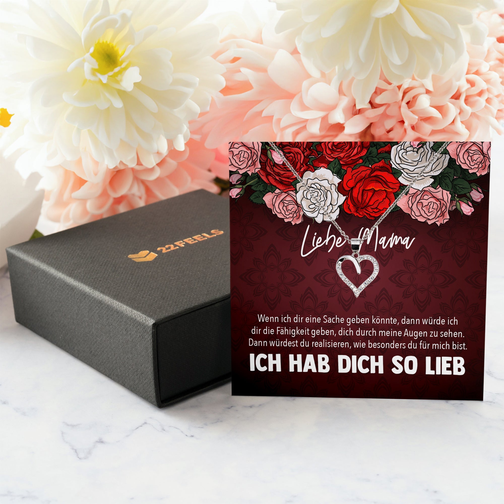 22Feels® Mama Geschenk Muttertag Geburtstag Frauen Schmuck mit Karte Herz Halskette Echt Silber Weihnachten Idee von Tochter oder Sohn-Schmuck mit Botschaftskarte - Herz21-22Feels