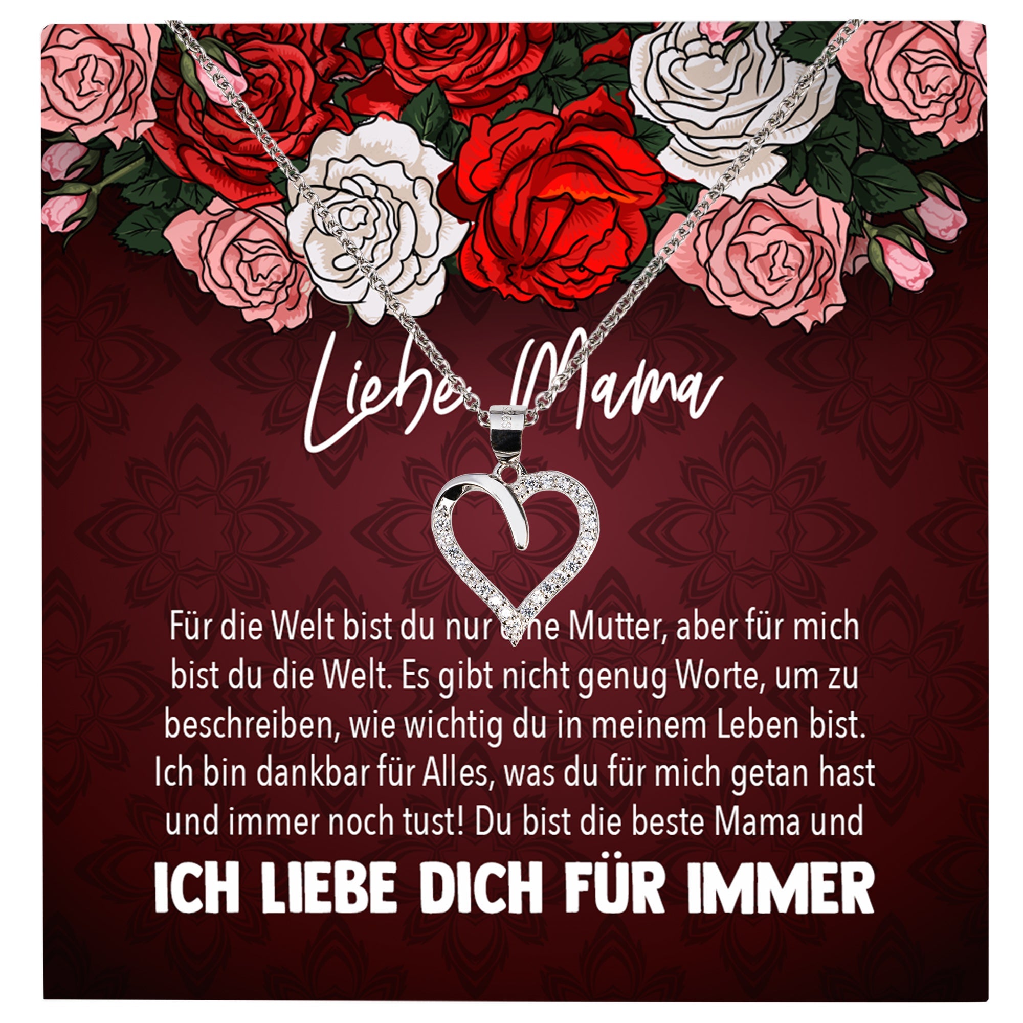 22Feels® Mama Geschenk Muttertag Geburtstag Frauen Herz Halskette mit Karte Echt Silber Schmuck Weihnachten Idee von Tochter oder Sohn-Schmuck mit Botschaftskarte - Herz21-22Feels