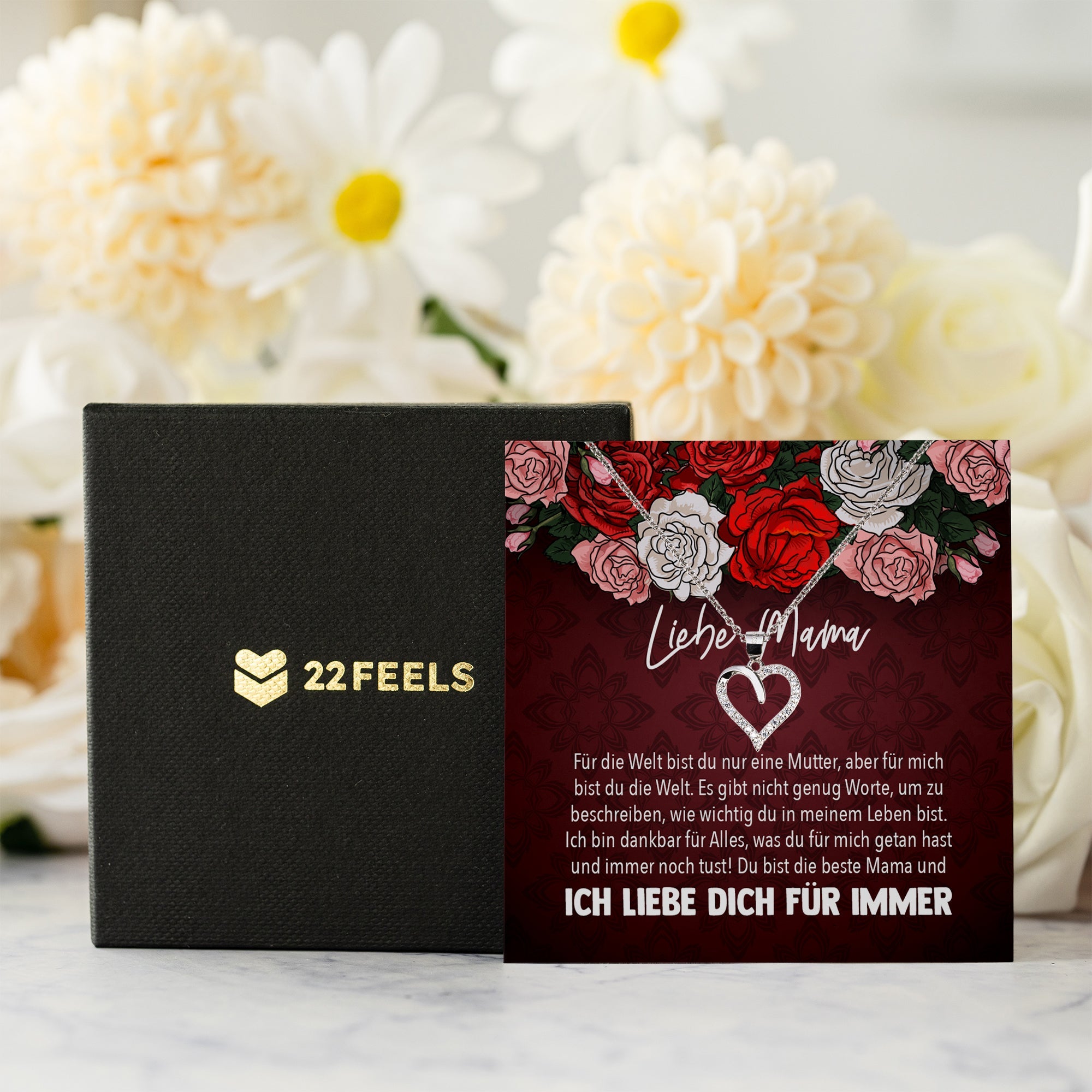 22Feels® Mama Geschenk Muttertag Geburtstag Frauen Herz Halskette mit Karte Echt Silber Schmuck Weihnachten Idee von Tochter oder Sohn-Schmuck mit Botschaftskarte - Herz21-22Feels