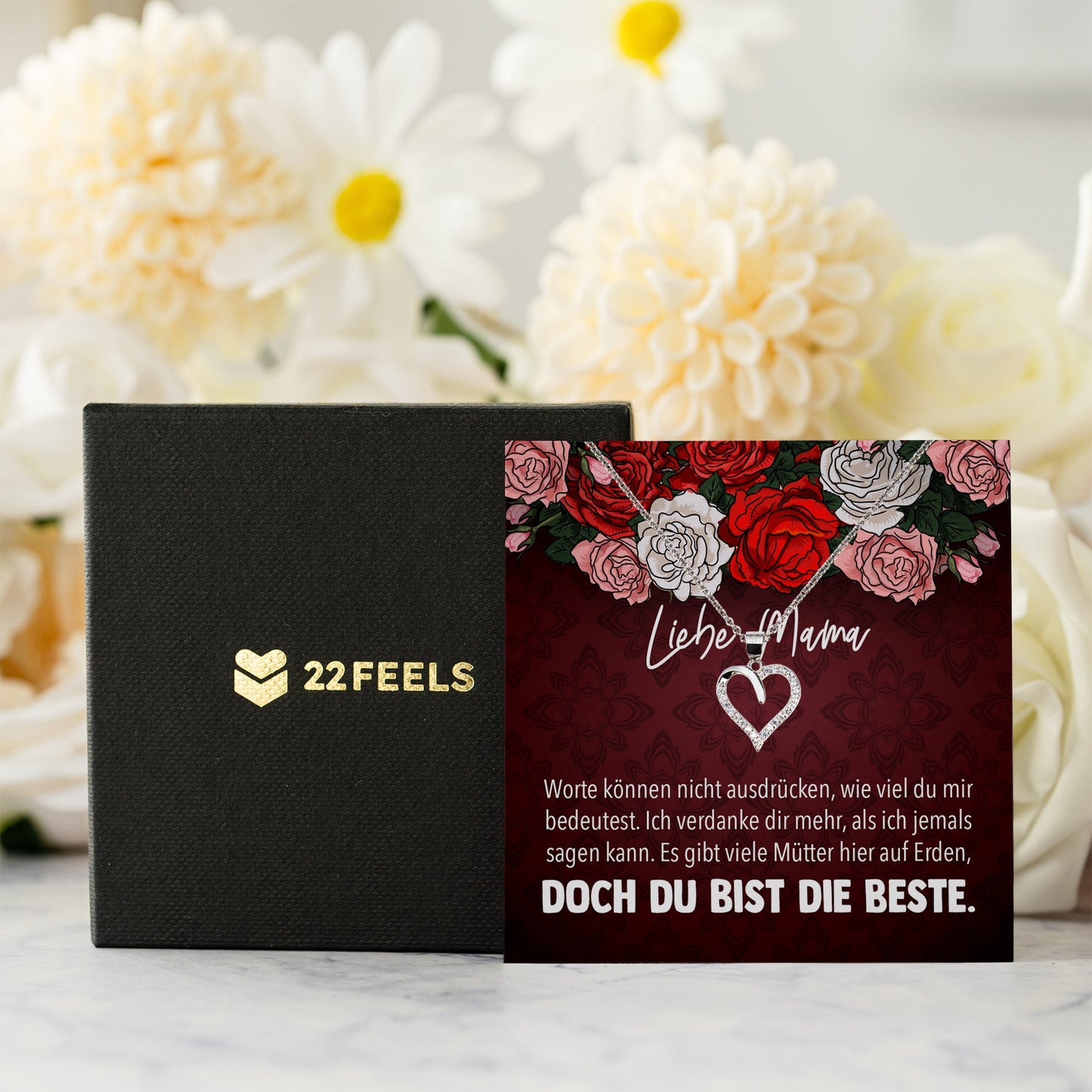 22Feels® Mama Geschenk Muttertag Geburtstag Frauen Herz Halskette mit Karte Echt Silber Schmuck Weihnachten Idee von Tochter oder Sohn-Schmuck mit Botschaftskarte - Herz21-22Feels