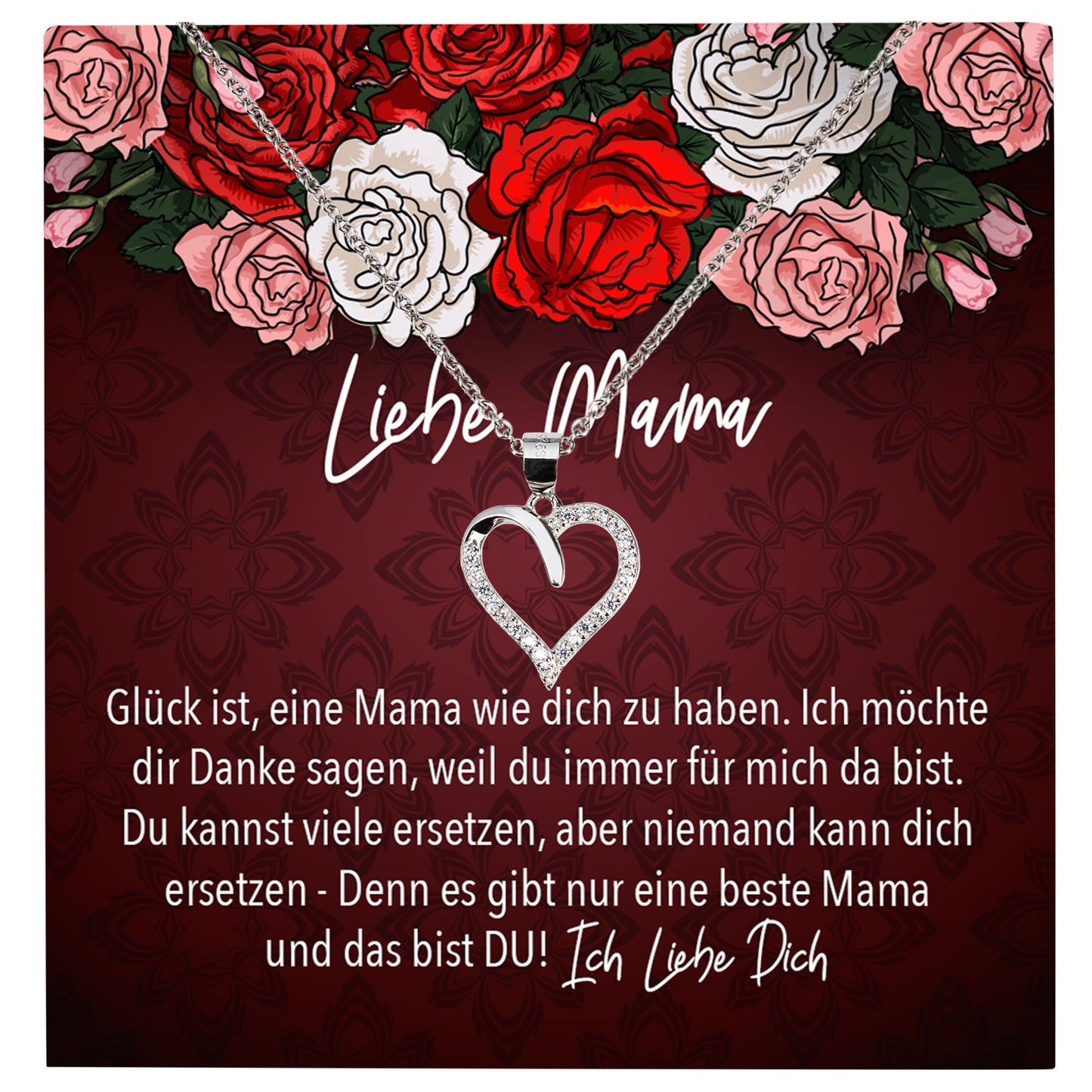 22Feels® Mama Geschenk Muttertag Geburtstag Frauen Herz Halskette mit Karte Echt Silber Schmuck Weihnachten Idee von Tochter oder Sohn-Schmuck mit Botschaftskarte - Herz21-22Feels