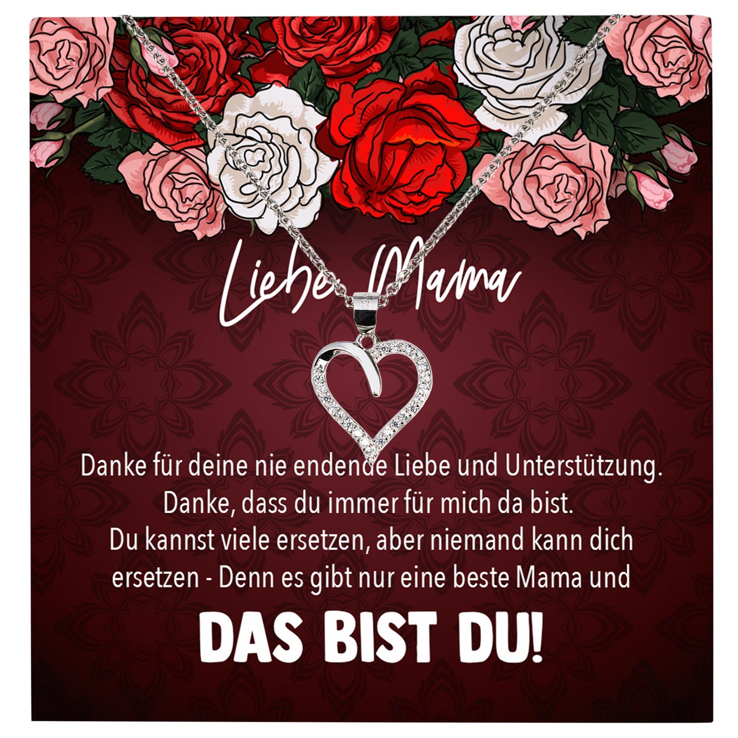 22Feels® Mama Geschenk Muttertag Geburtstag Frauen Herz Halskette mit Karte Echt Silber Schmuck Weihnachten Idee von Tochter oder Sohn-Schmuck mit Botschaftskarte - Herz21-22Feels